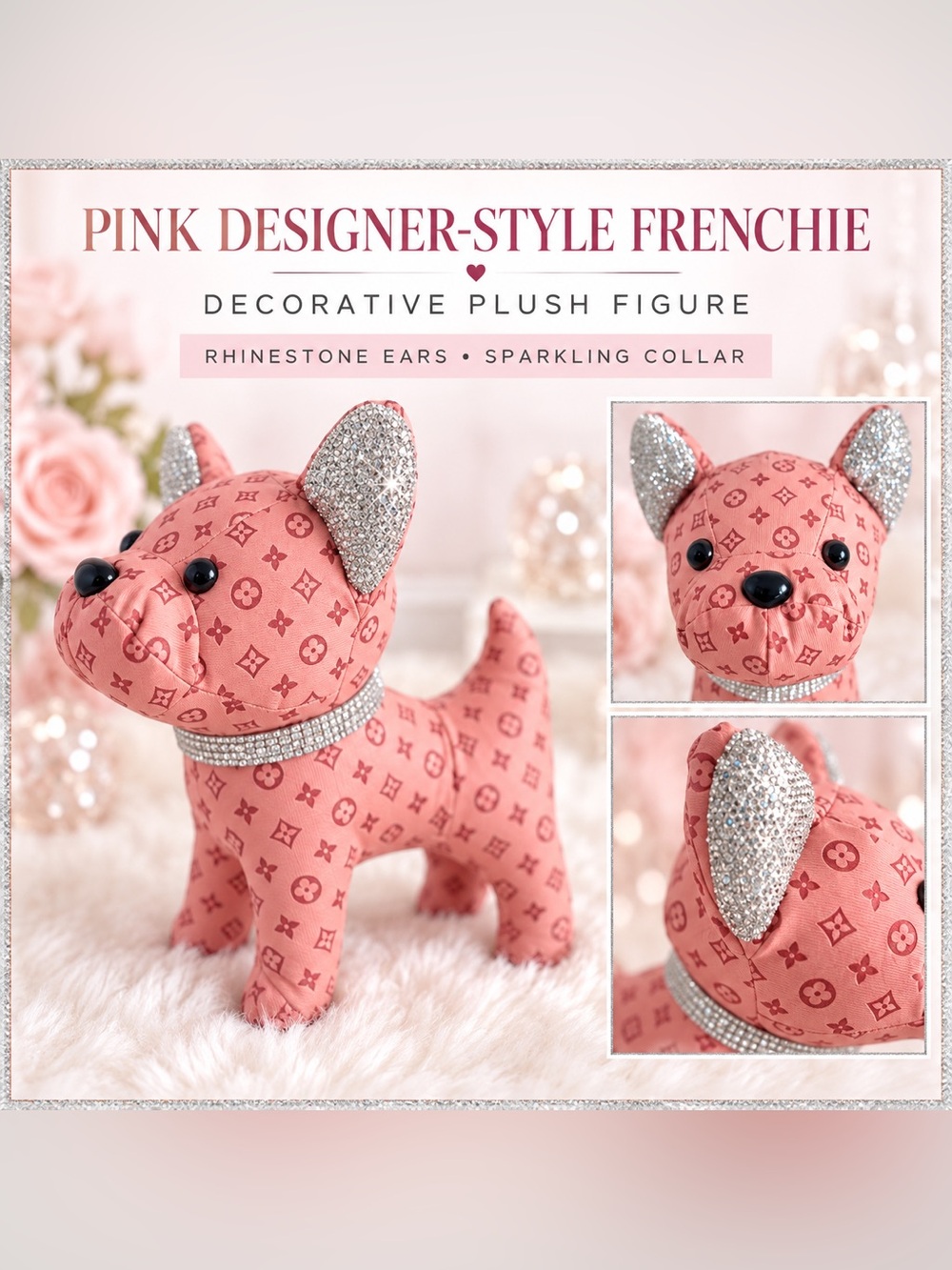 Pink Designer-Style Frenchie Decorative Plush Figure with Rhinestones